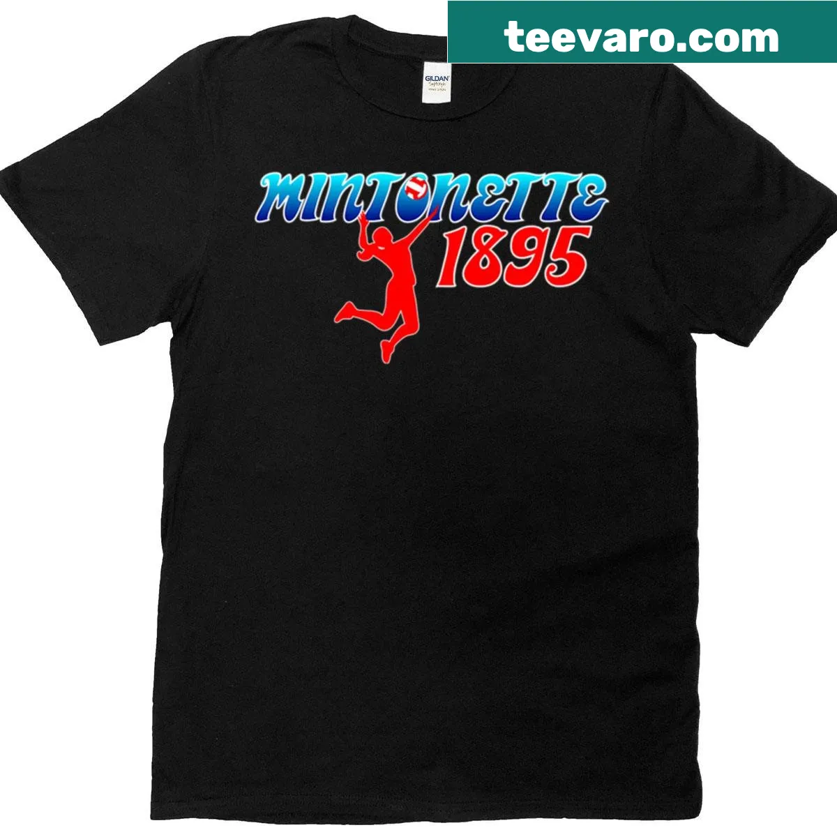 Tribute tee to volleyball with Mintonette 1895 graphics — on a men's t-shirt