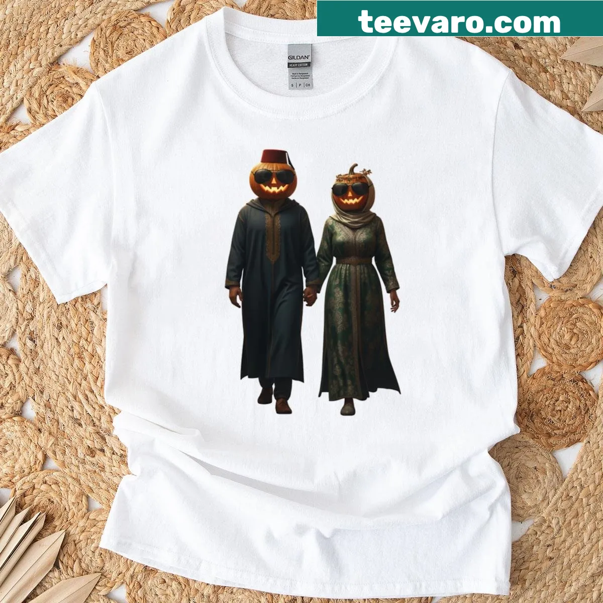 Couple pumpkin love design for Halloween — on a men's t-shirt