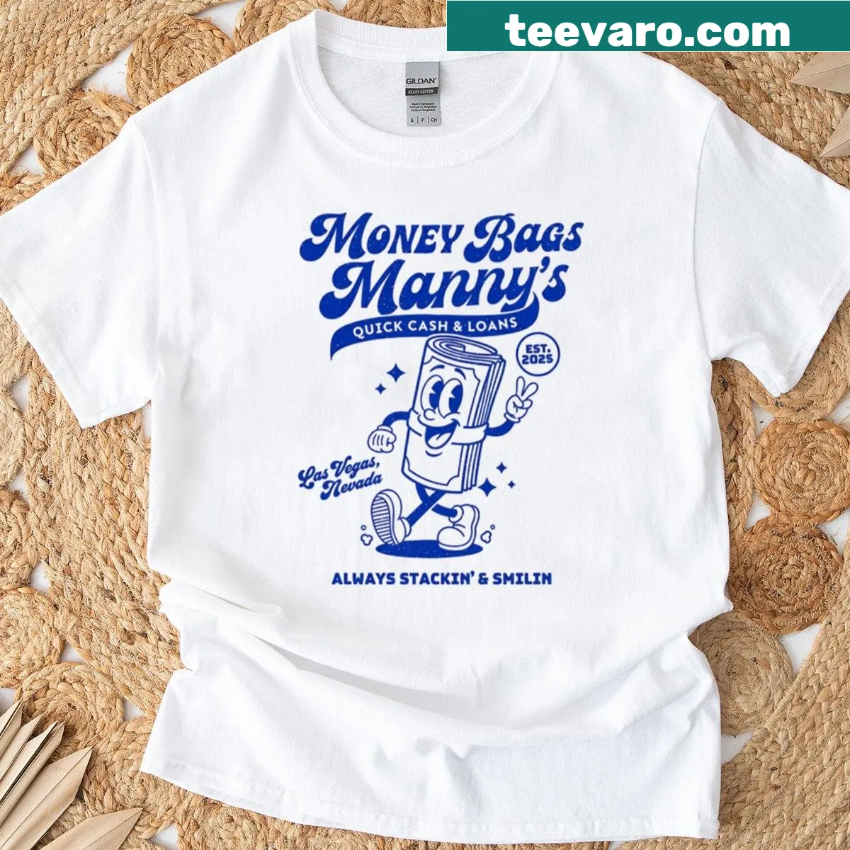 Retro Money Bags Manny mascot design on a T-shirt — on a men's t-shirt