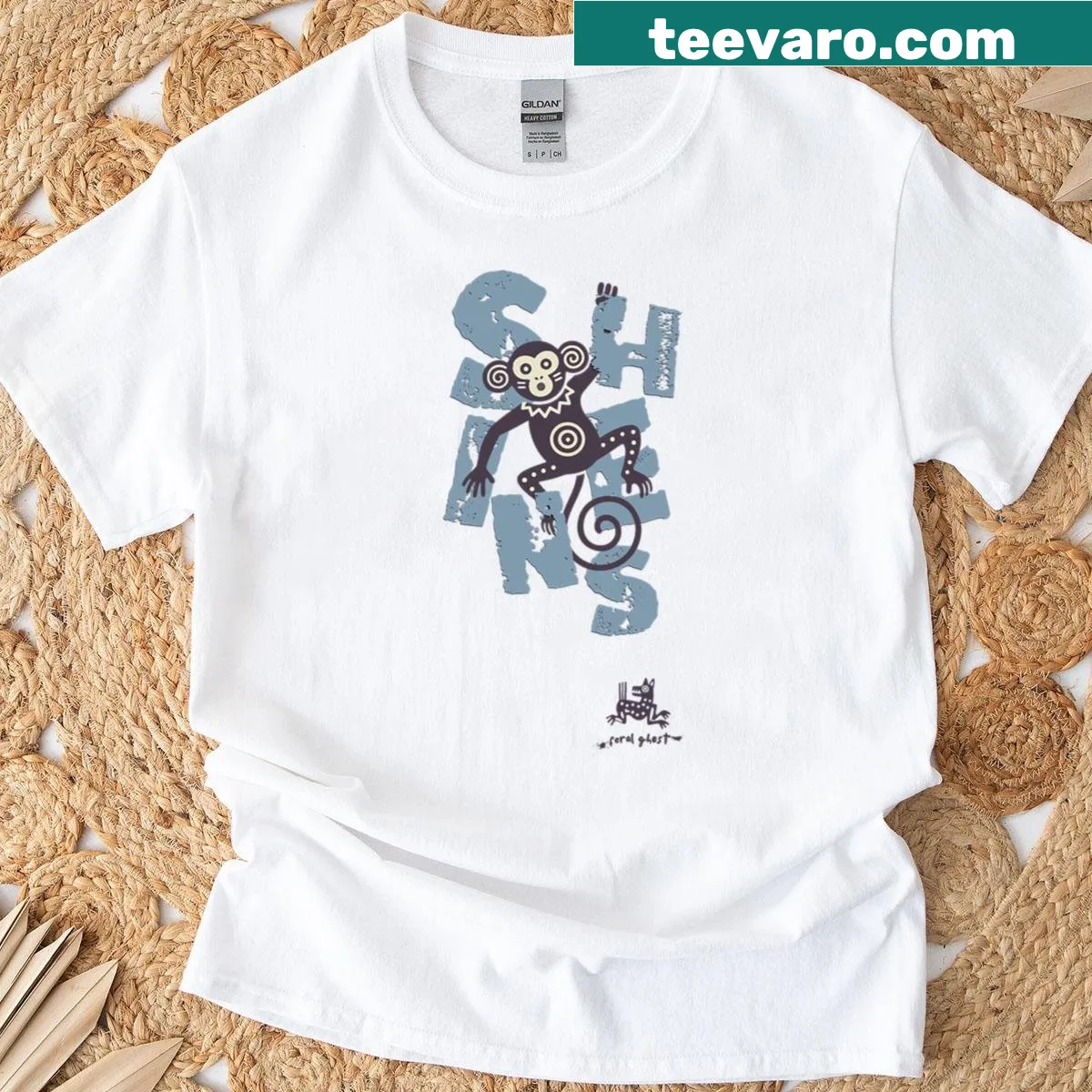 Distressed graphic T-shirt featuring playful monkey-themed text — on a men's t-shirt