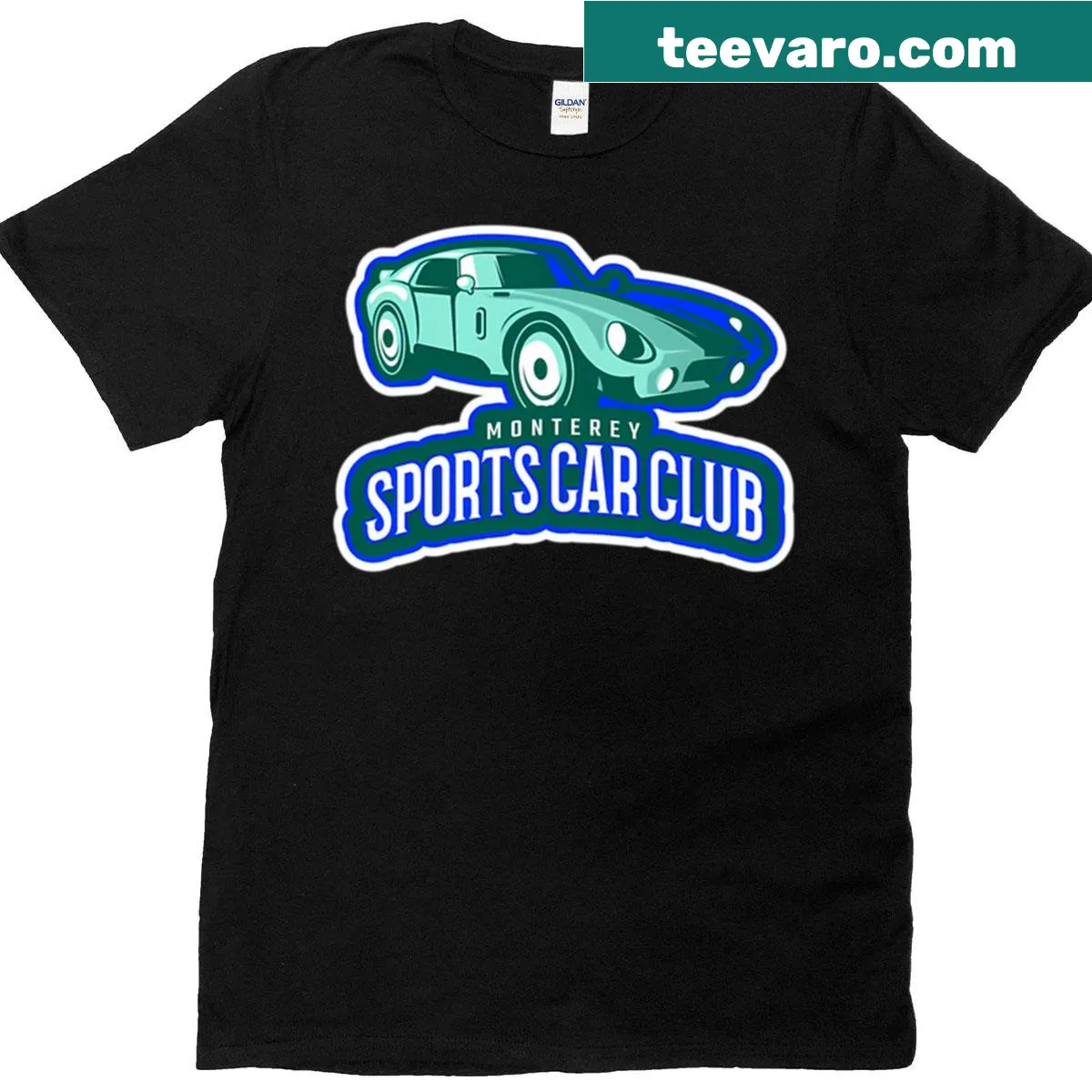 Monterey Sports Car Club tee with a prominent racing emblem — on a men's t-shirt