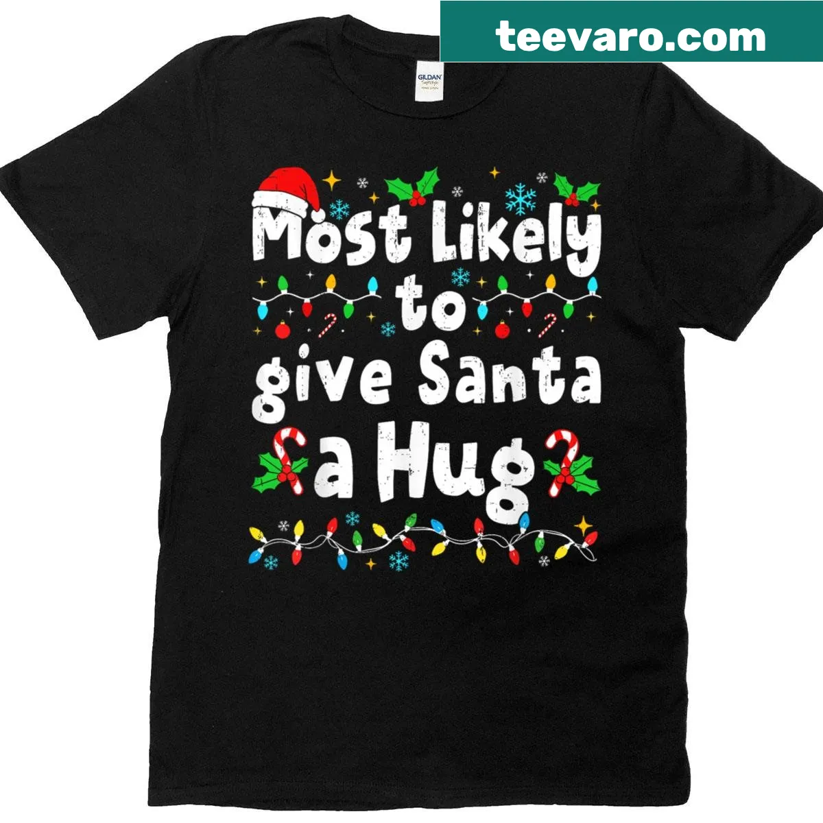 Family Christmas shirt featuring a design of giving Santa a hug — on a men's t-shirt