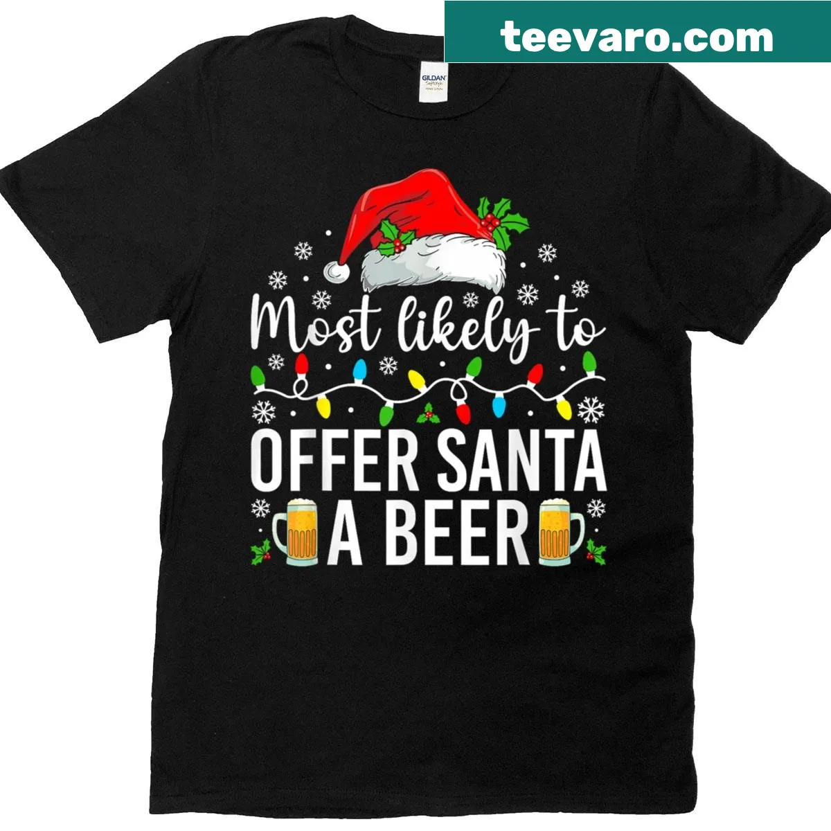 Funny Christmas shirt that says Most Likely To Offer Santa A Beer — on a men's t-shirt