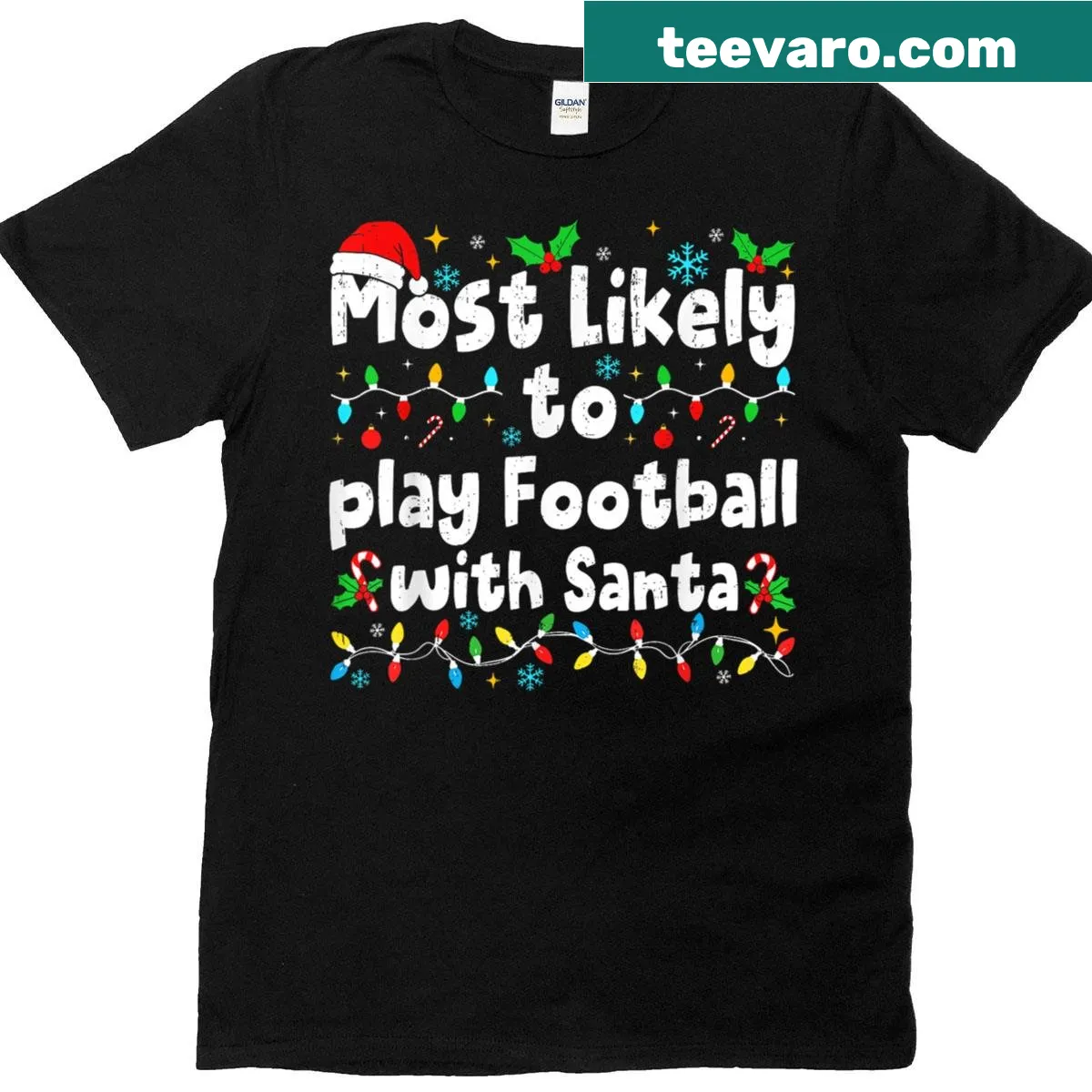Funny Christmas shirt featuring Santa playing football with matching text — on a men's t-shirt