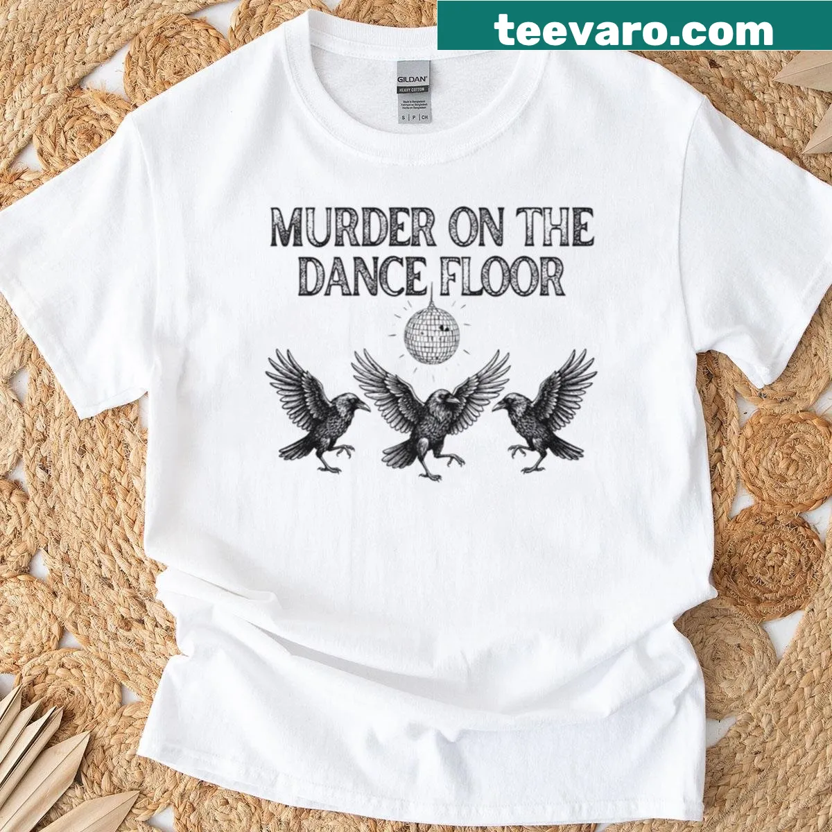 Vintage-style Halloween shirt with crow and disco ball — on a men's t-shirt