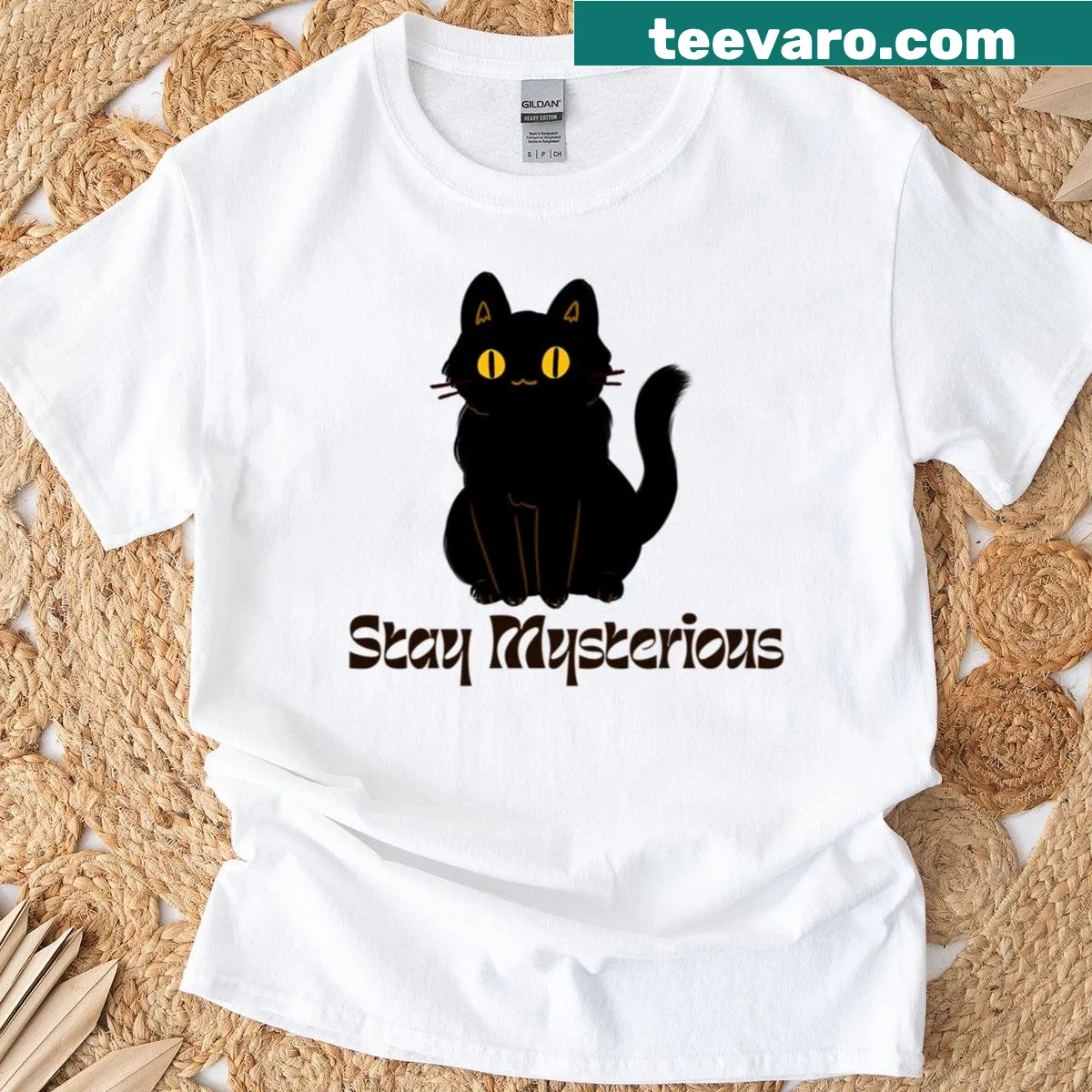 Oversized T-shirt with mystical black cat and Halloween moon design — on a men's t-shirt