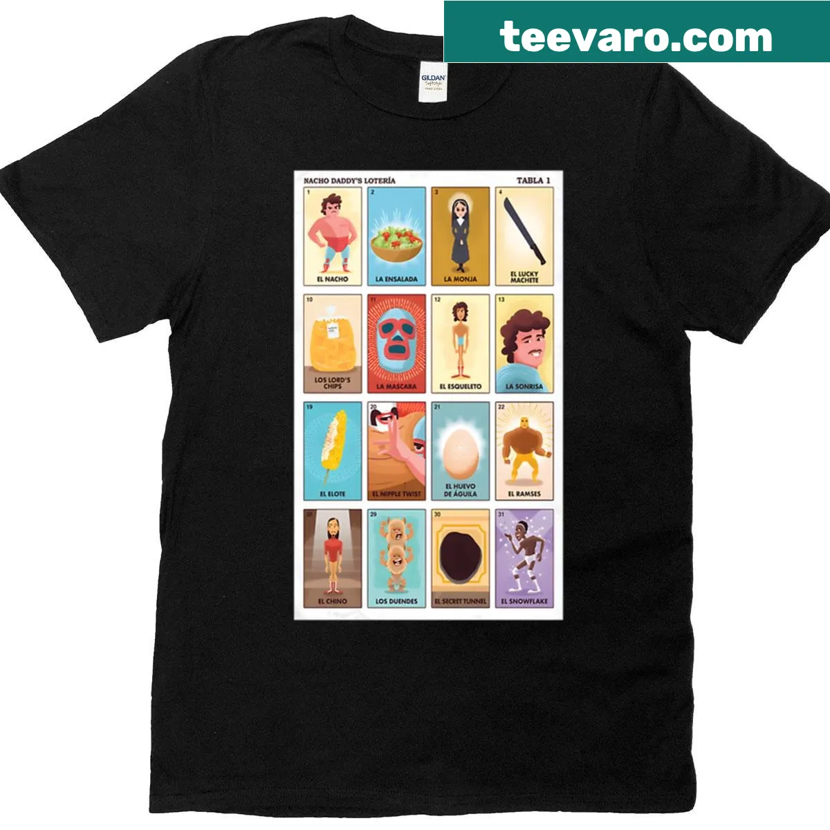 Humorous nacho-themed tee with lotería-inspired graphics — on a men's t-shirt