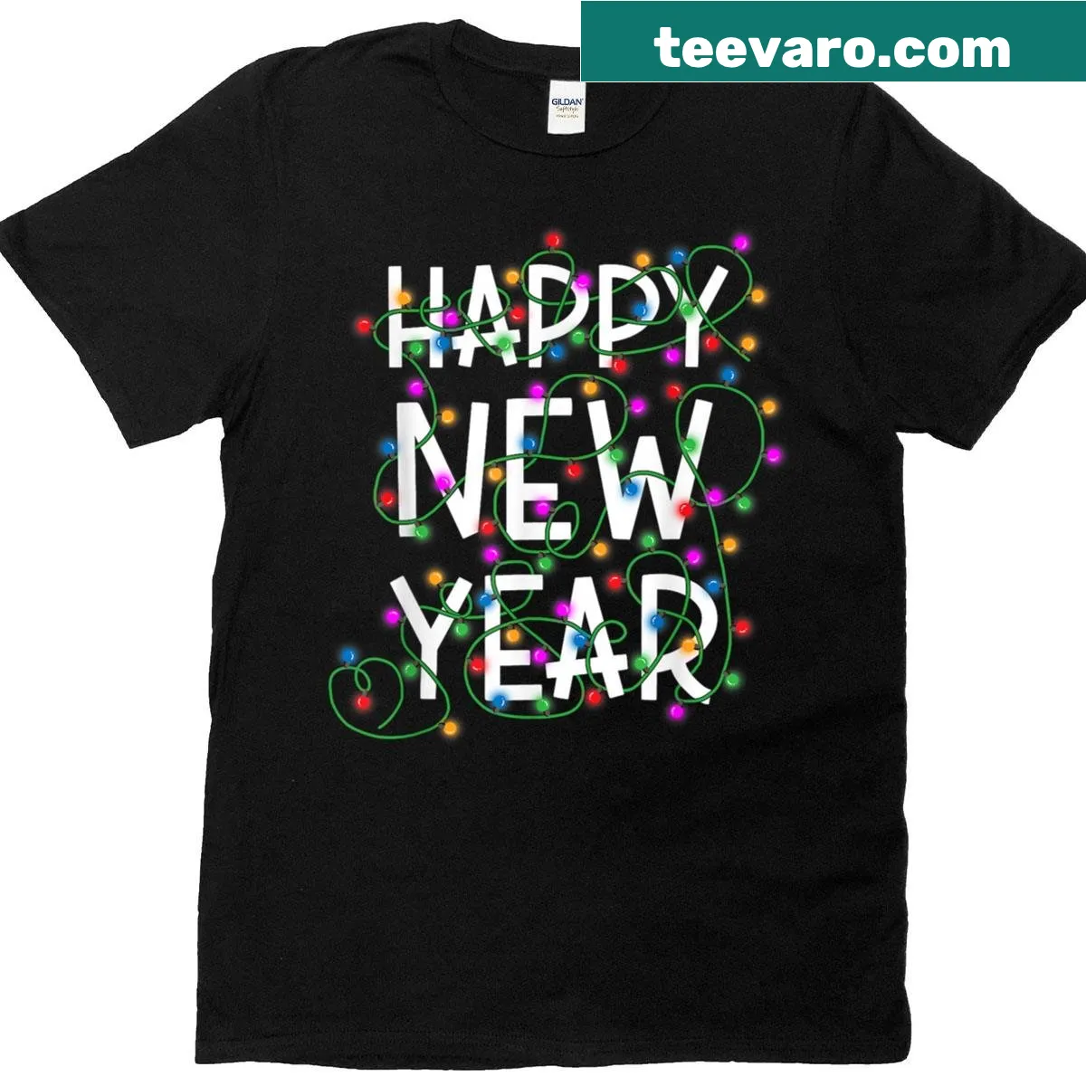 Festive T-shirt with 'Happy New Year' and 'Happy Christmas' text — on a men's t-shirt