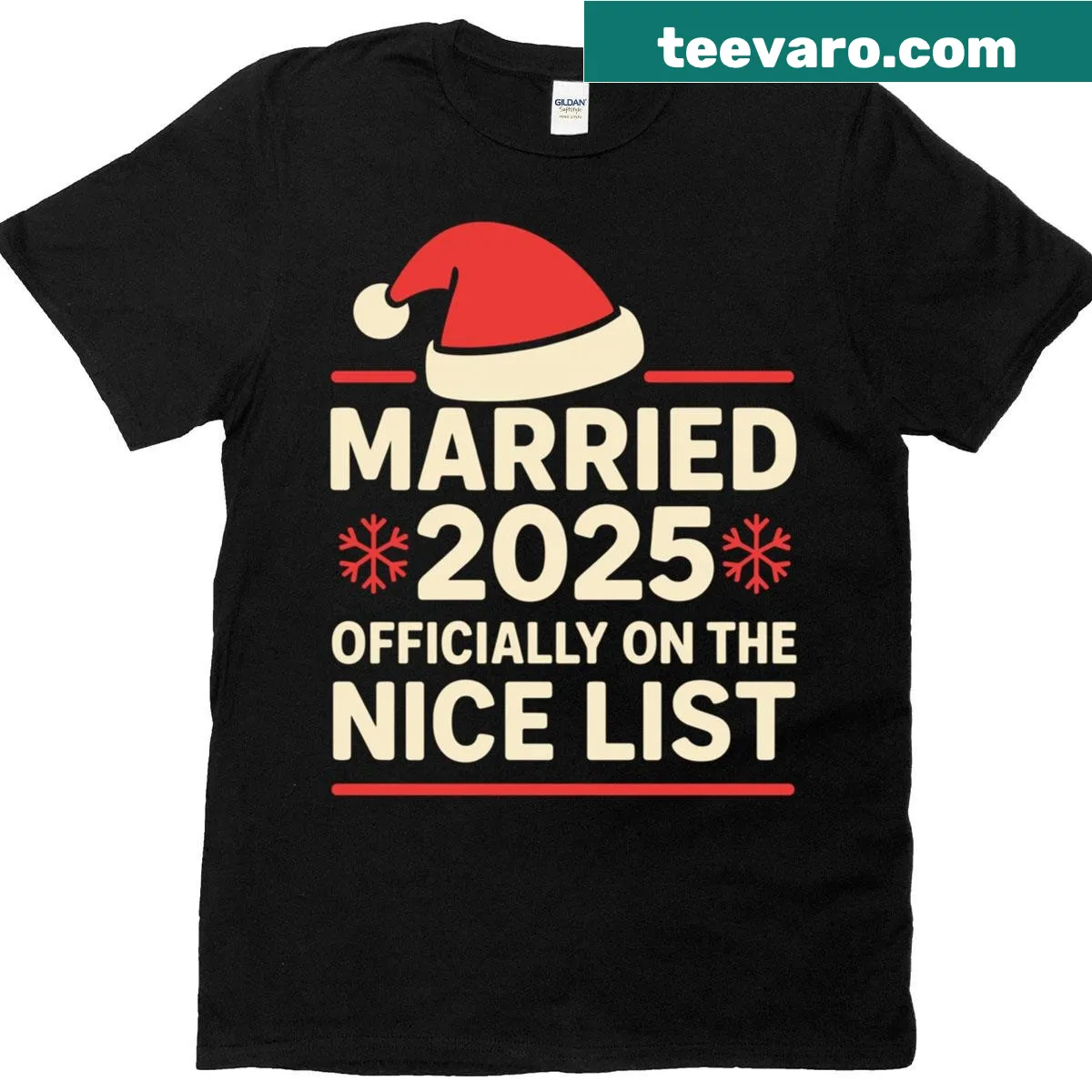 Humorous Newlywed Christmas tee with playful graphics for couples — on a men's t-shirt