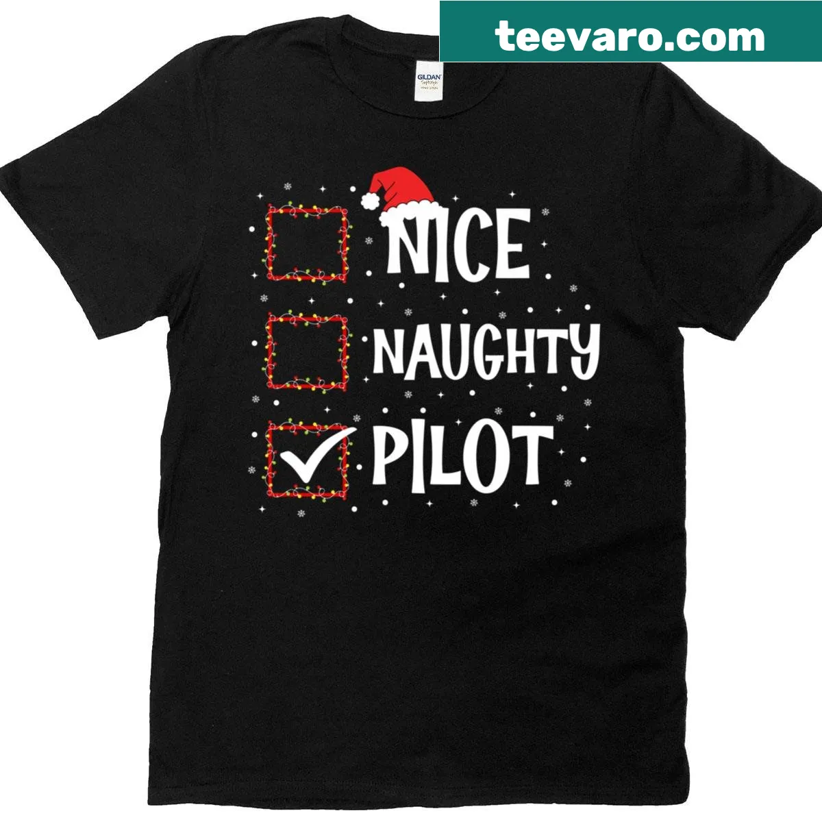 Christmas t-shirt featuring 'Nice Naughty Pilot' in a festive design — on a men's t-shirt