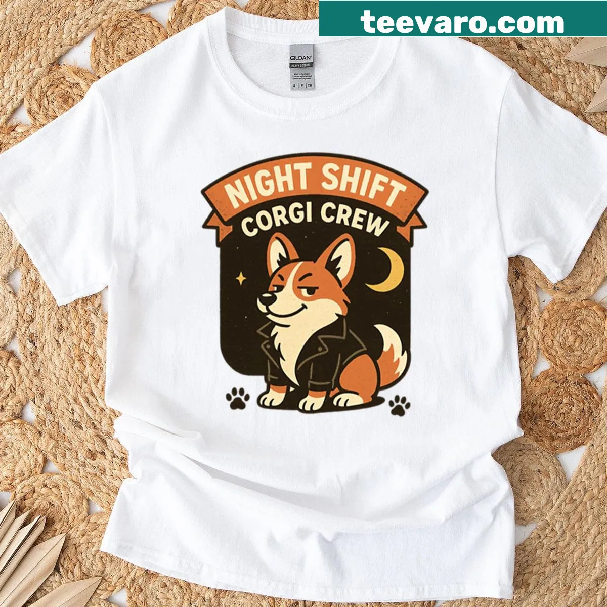 Vintage-style t-shirt featuring a playful corgi design. — on a men's t-shirt
