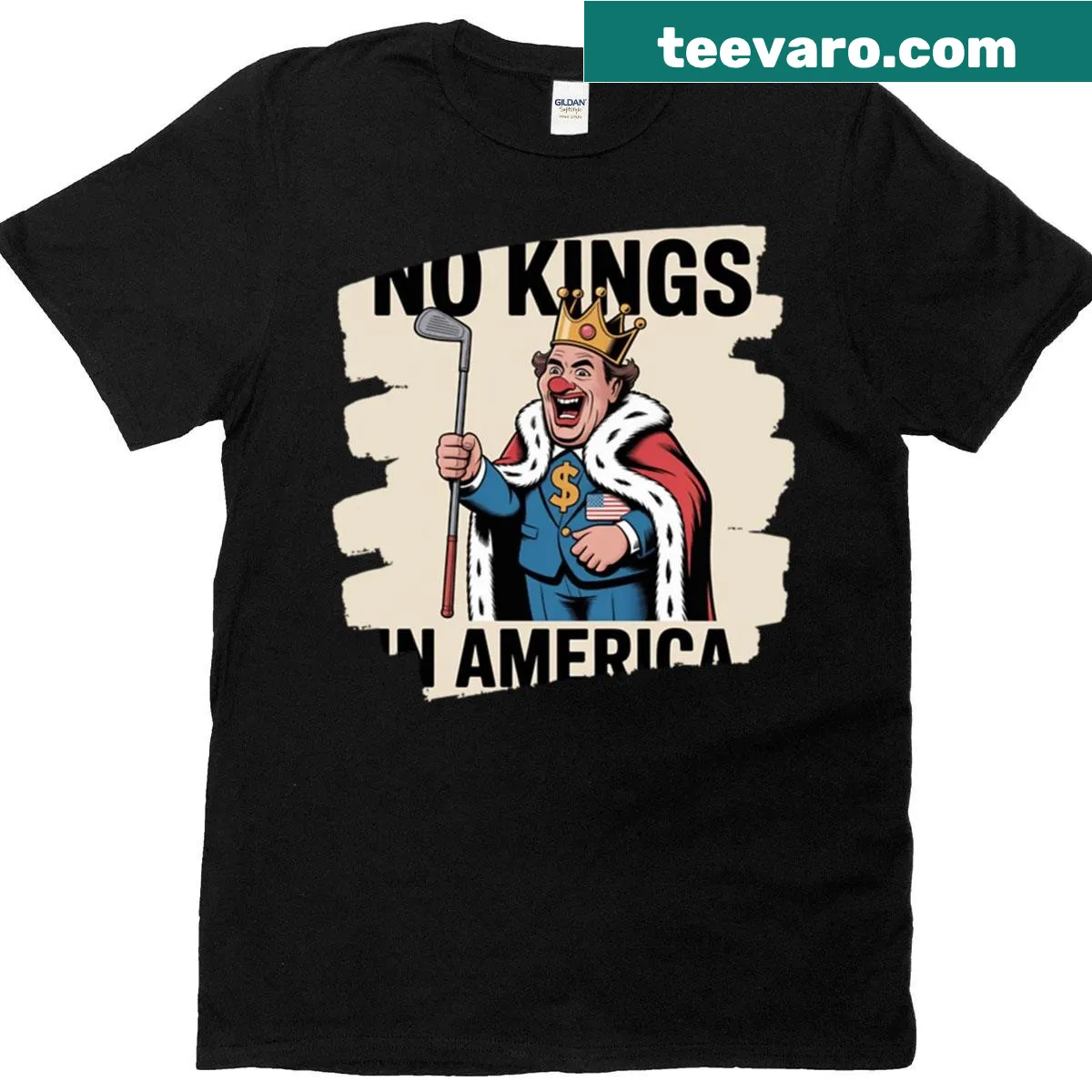 Anti-Donald Trump t-shirt featuring No Kings In America slogan — on a men's t-shirt