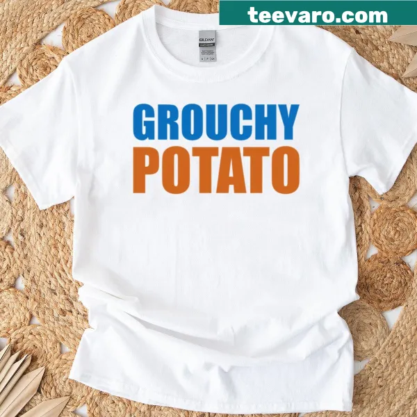 Humorous graphic tee with a grouchy potato illustration