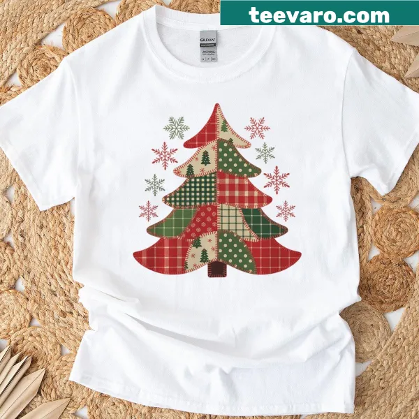 Patchwork Christmas tree design on a t-shirt