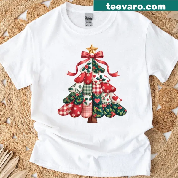 Illustrated patchwork Christmas tree with a bow on a cozy holiday t-shirt