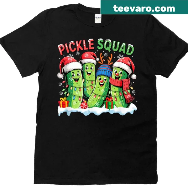 Funny Christmas shirt with Santa, reindeer, and pickles