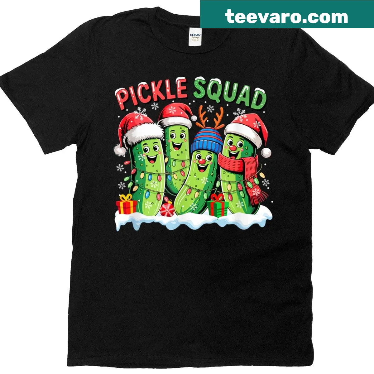 Funny Christmas shirt with Santa, reindeer, and pickles — on a men's t-shirt