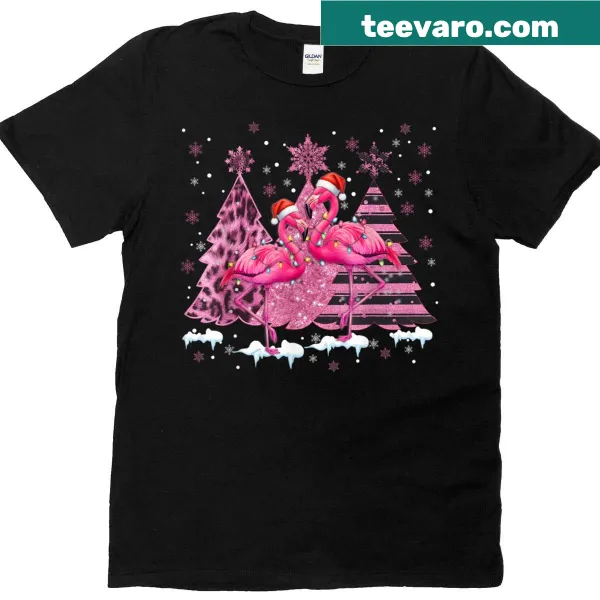 Women's T-shirt with pink flamingo and leopard Christmas tree design.
