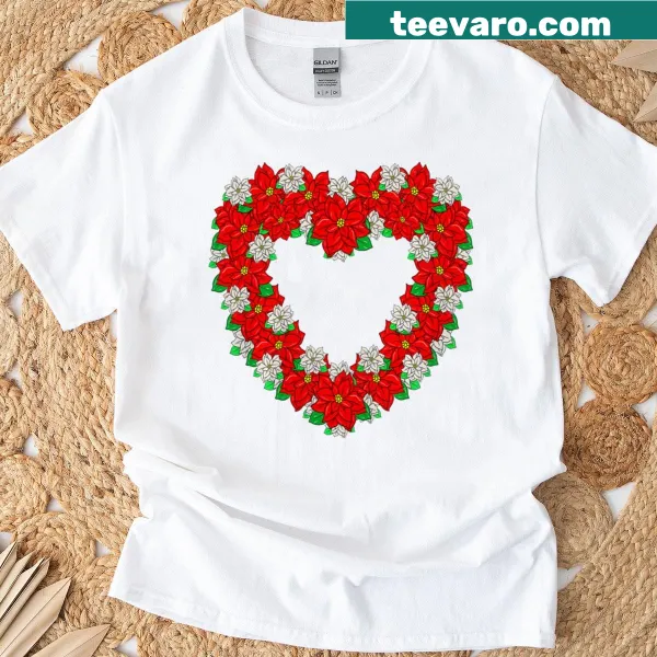 Cute Christmas t-shirt with a heart wreath made of poinsettia flowers.