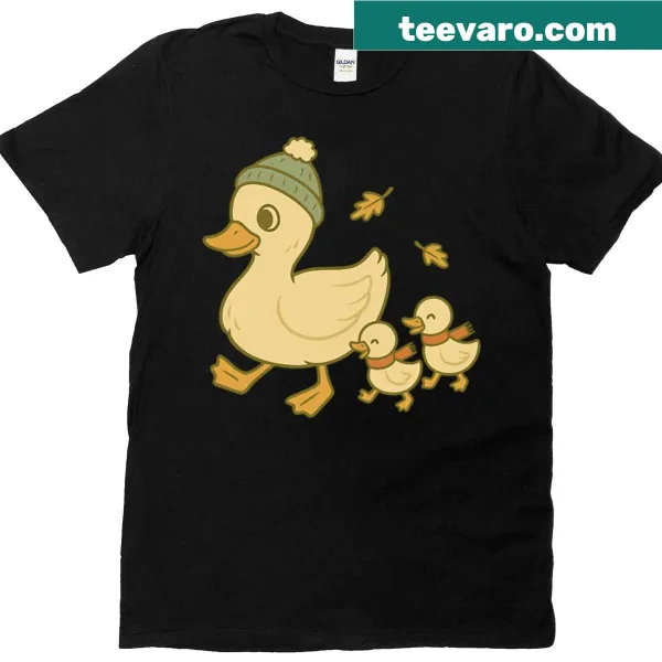Cartoon duck family celebrating Christmas around a tree