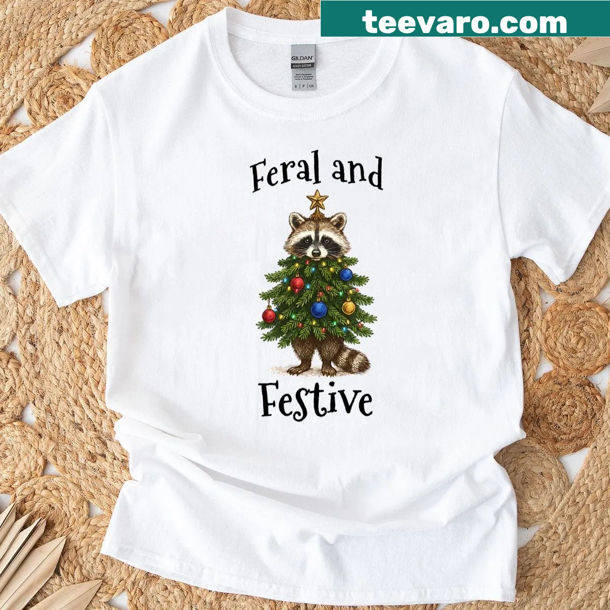 Cute t-shirt with a raccoon and decorated Christmas tree illustration — on a men's t-shirt