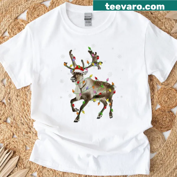 Cartoon reindeer with Christmas lights and a Santa hat
