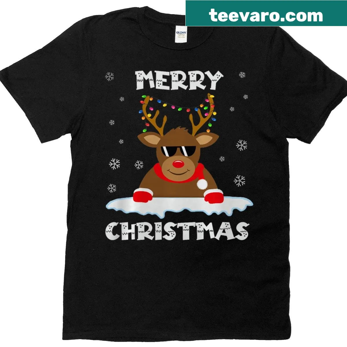 Christmas T-shirt featuring reindeer with lights and Santa — on a men's t-shirt