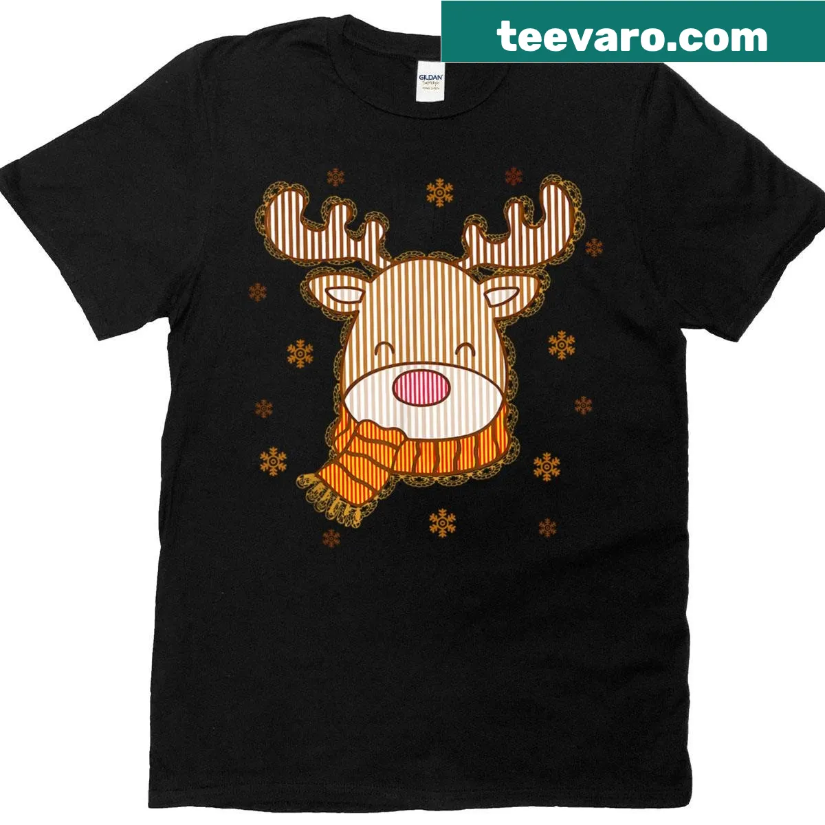 Cute holiday T-shirt featuring Rudolph and snowflakes design — on a men's t-shirt