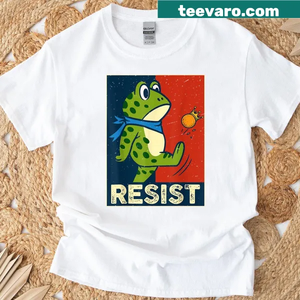 Illustration of a rebellious frog promoting resistance on a T-shirt.