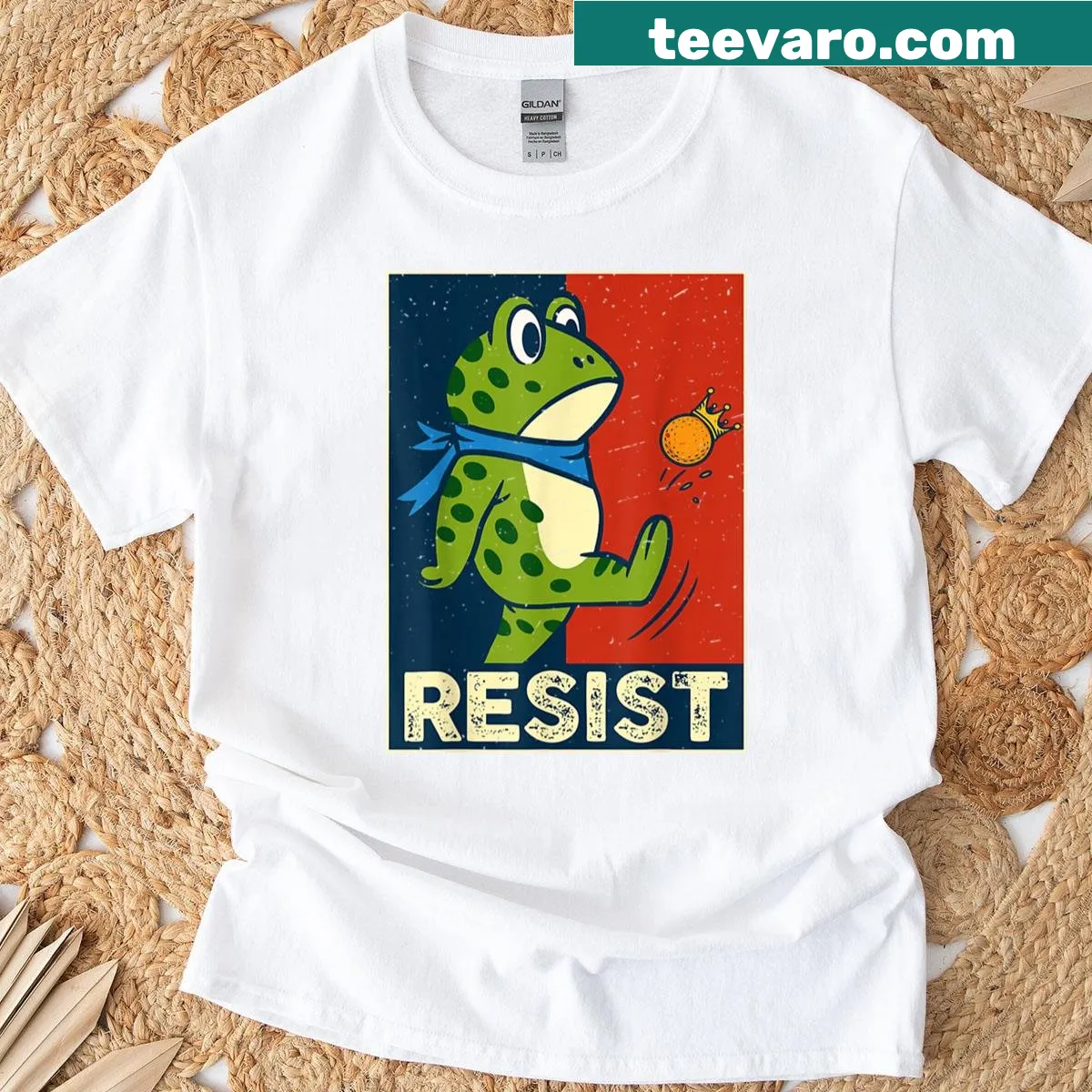 Illustration of a rebellious frog promoting resistance on a T-shirt. — on a men's t-shirt