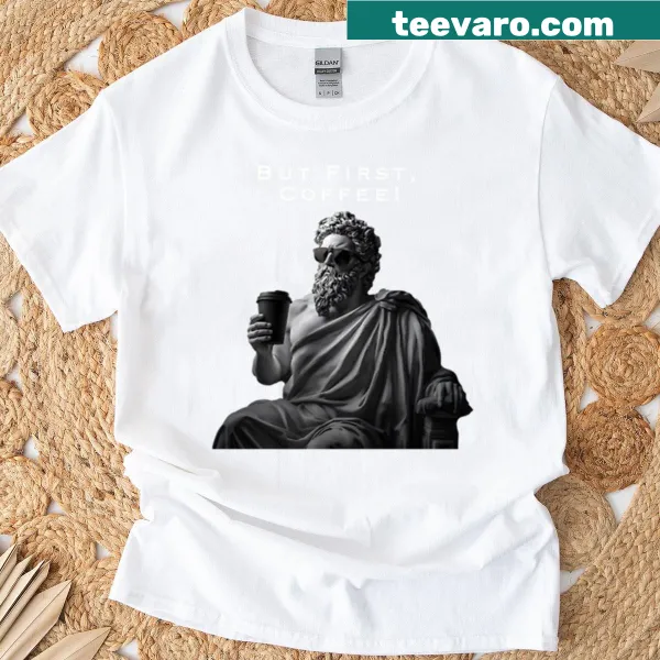 Pop art Roman statue graphic with coffee on a creative t-shirt