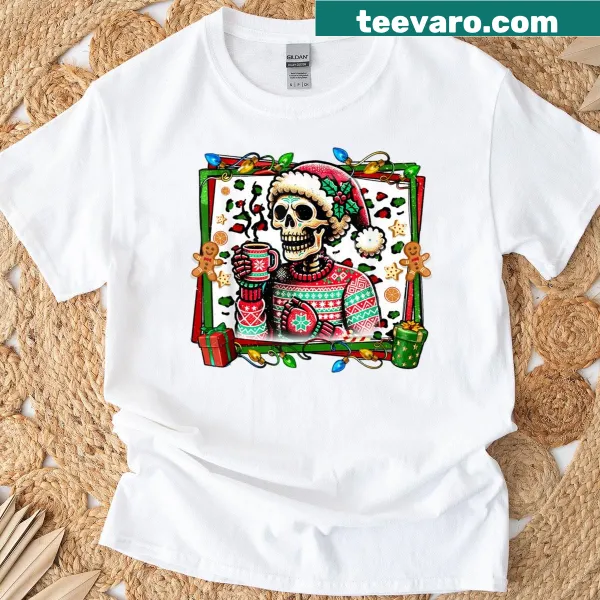 Whimsical Santa skeleton drinking hot cocoa illustration on t-shirt