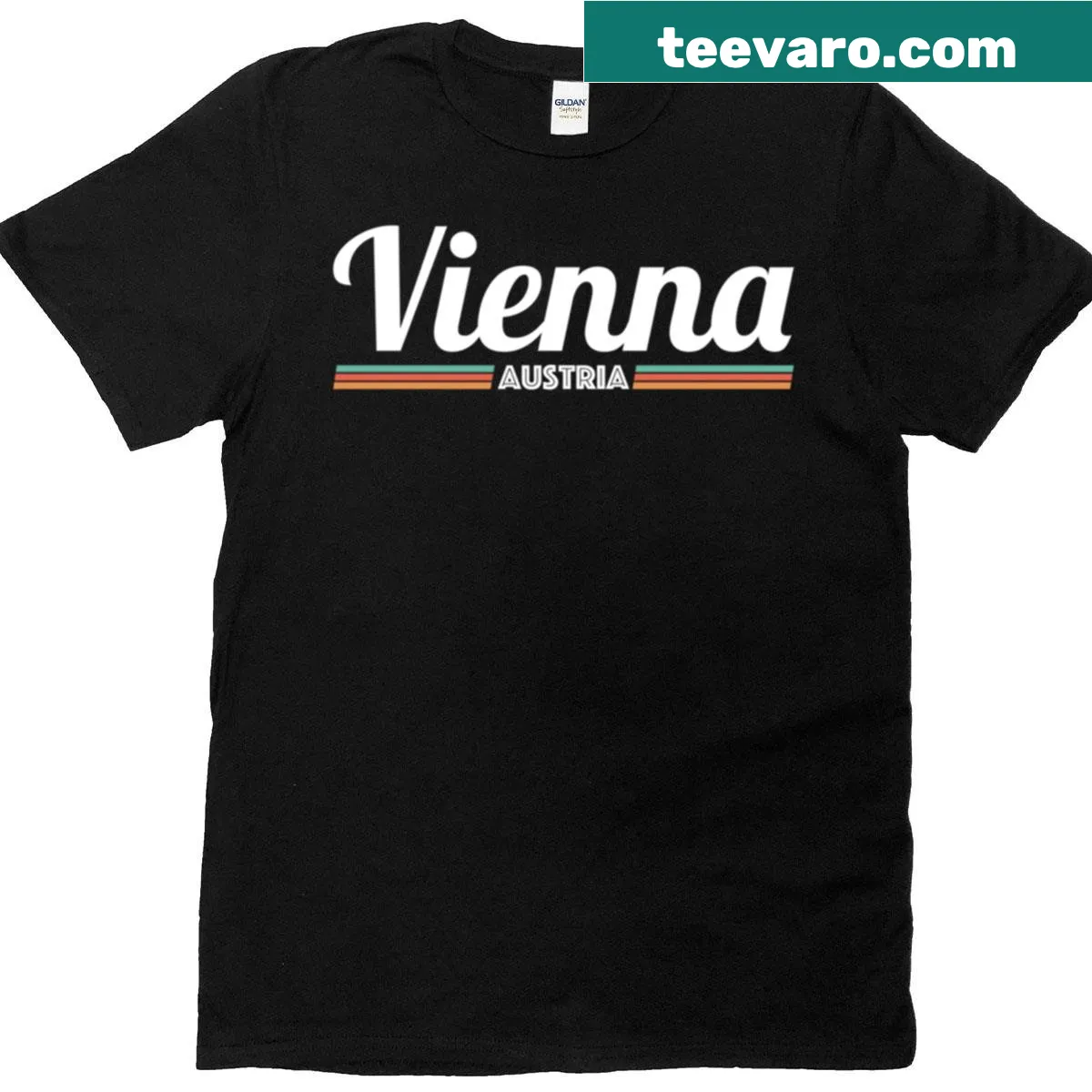 Vintage travel graphic featuring iconic Vienna landmarks on a t-shirt — on a men's t-shirt