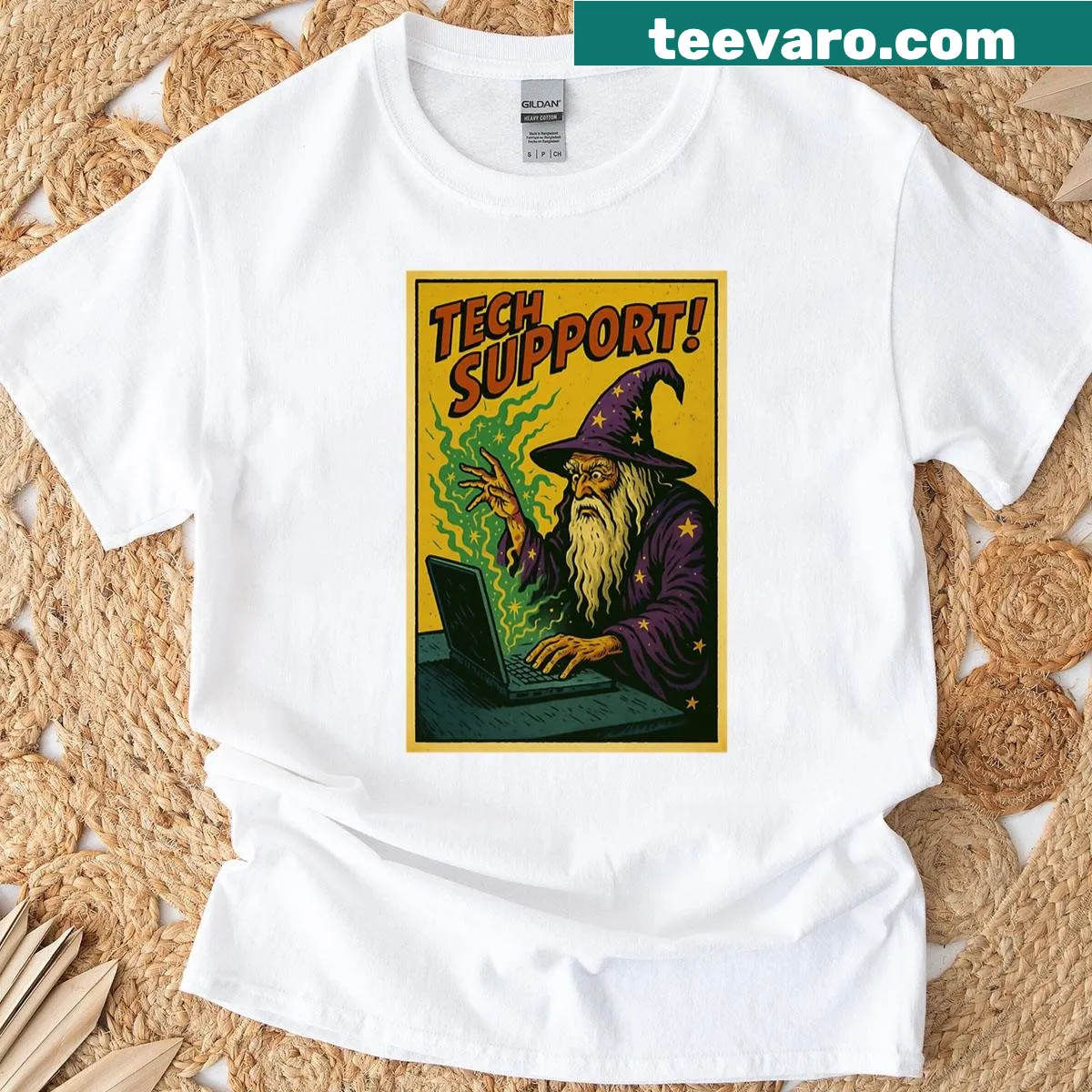Funny vintage graphic of a wizard providing tech support — on a men's t-shirt