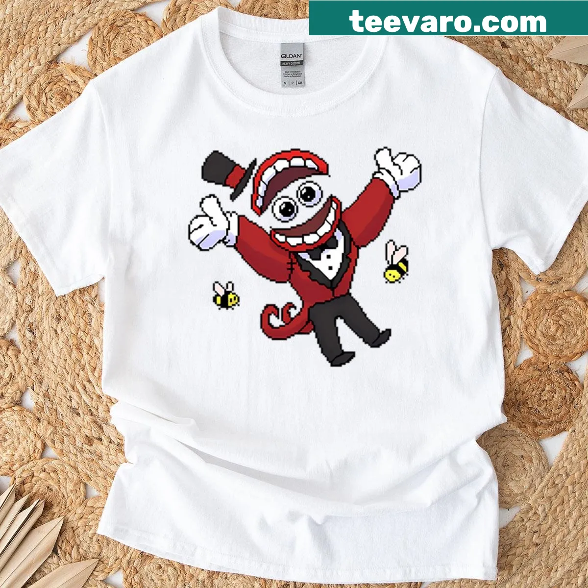 Funny pixel art T-shirt of a ringmaster with bees in a circus theme. — on a men's t-shirt