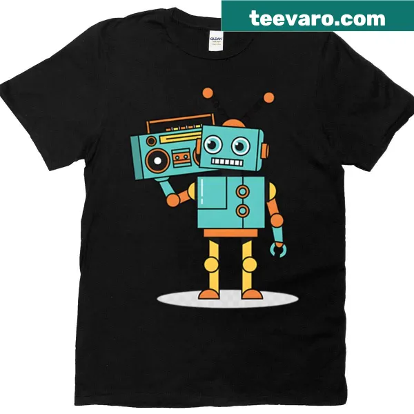 Retro-themed t-shirt with a robot enjoying music