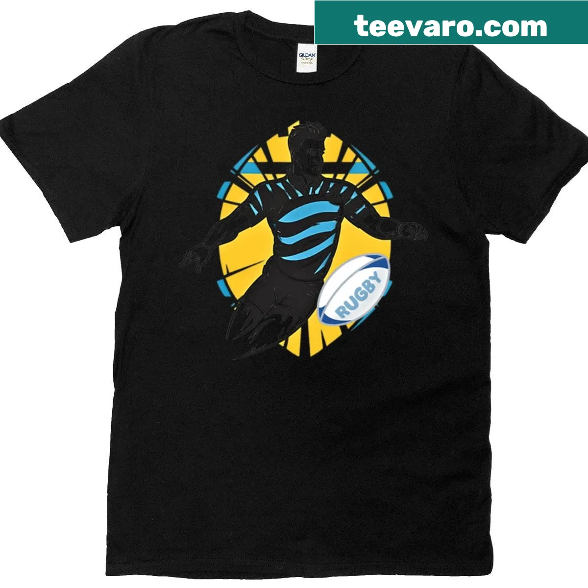 Minimalist rugby-themed t-shirt with bold typography — on a men's t-shirt