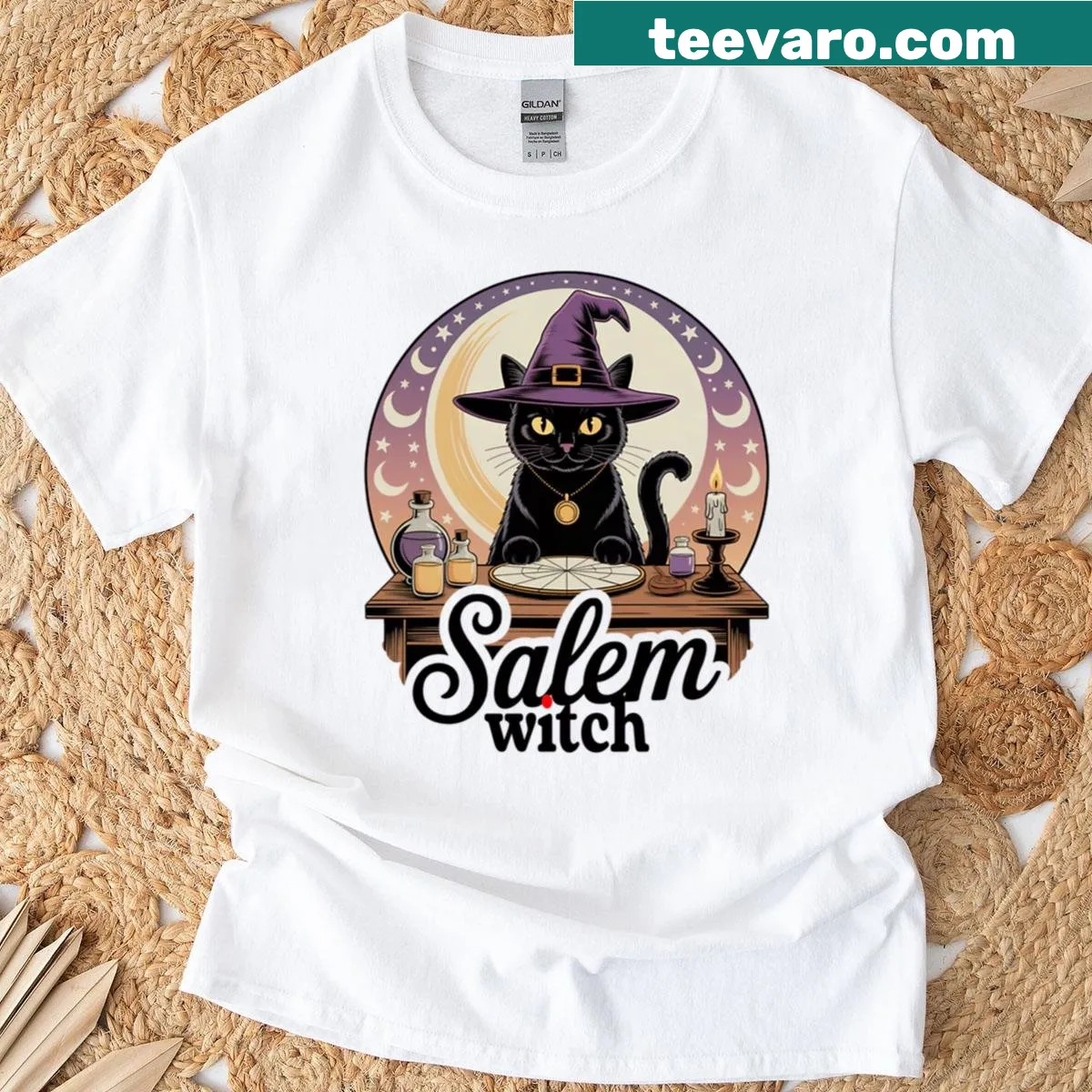 Whimsical oversized T-shirt inspired by witchcraft and Salem lore. — on a men's t-shirt