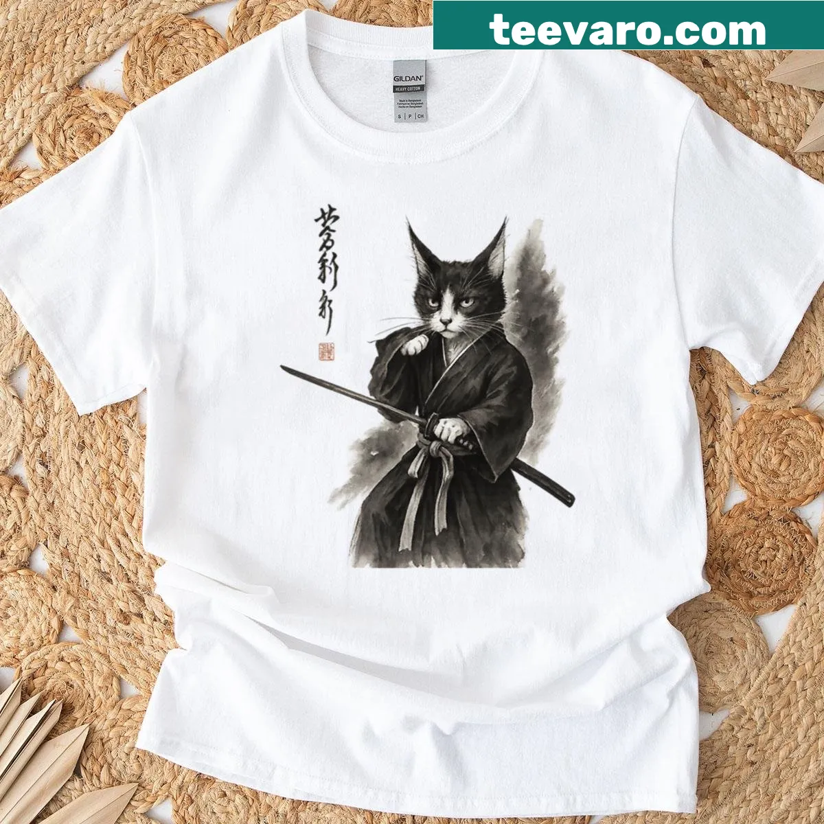Vintage Samurai cat warrior t-shirt with Ukiyo-e design — on a men's t-shirt
