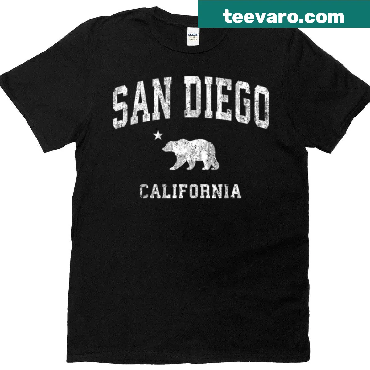 Distressed T-shirt featuring San Diego California sports graphic — on a men's t-shirt