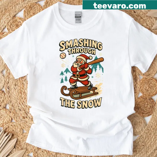 Santa baseball player graphic on a Christmas T-shirt for kids