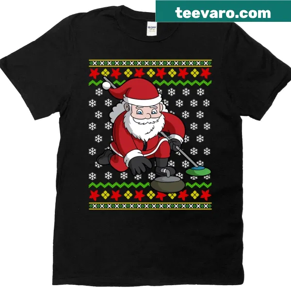 Santa Claus playing curling in a humorous Christmas shirt