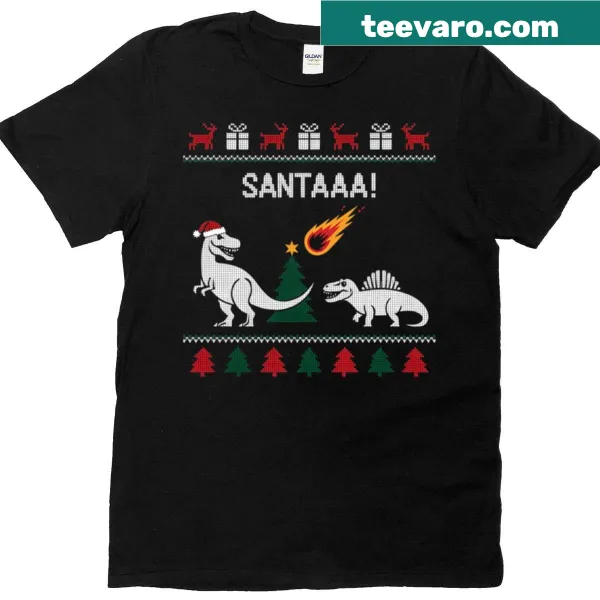 Cute Santa dinosaur illustration on a Christmas t-shirt