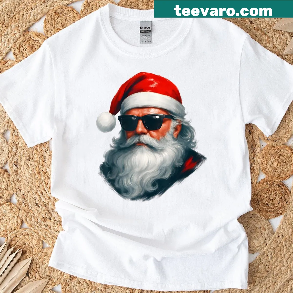 Whimsical illustration of Santa in retro sunglasses on a t-shirt — on a men's t-shirt
