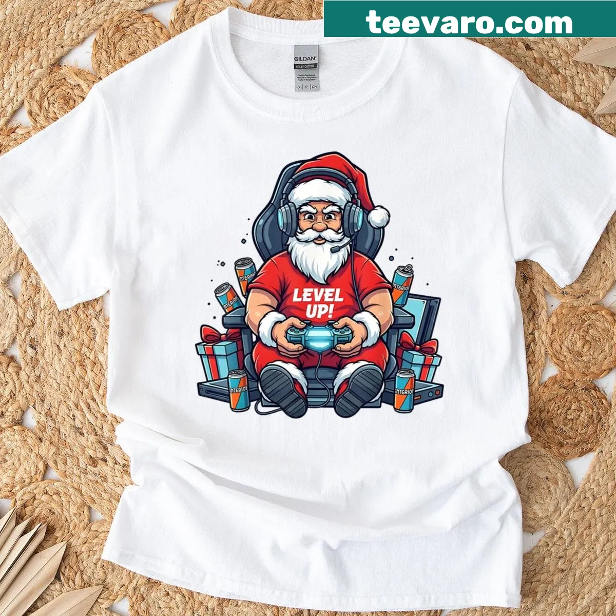 Cartoon Santa leveling up in a video game on T-shirt — on a men's t-shirt
