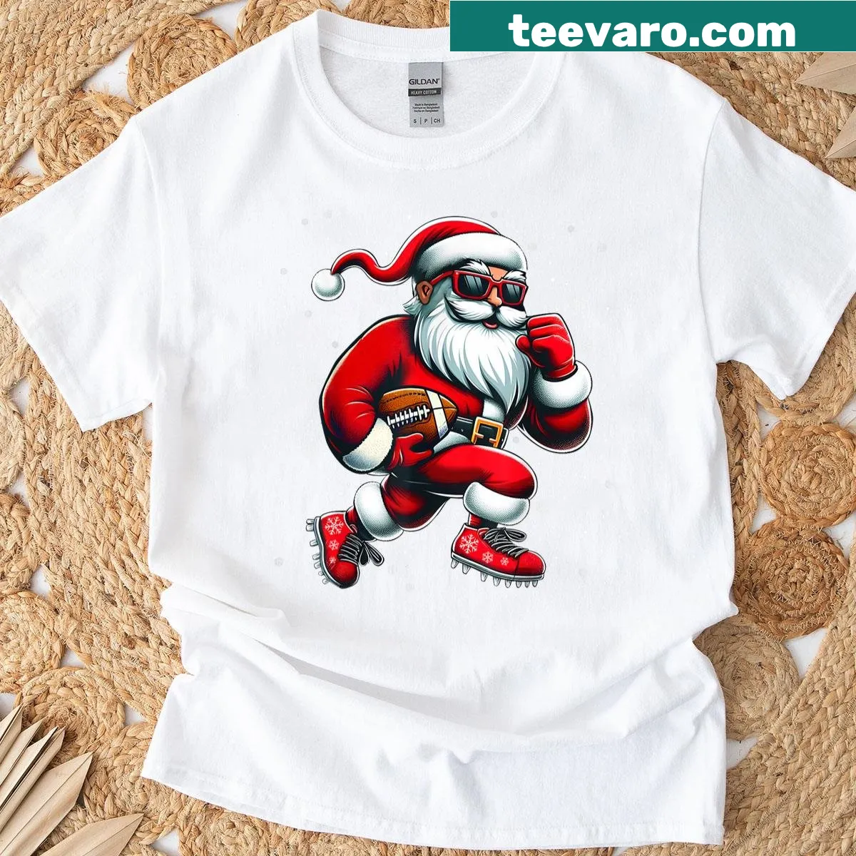 Illustration of Santa playing football for a festive T-shirt — on a men's t-shirt