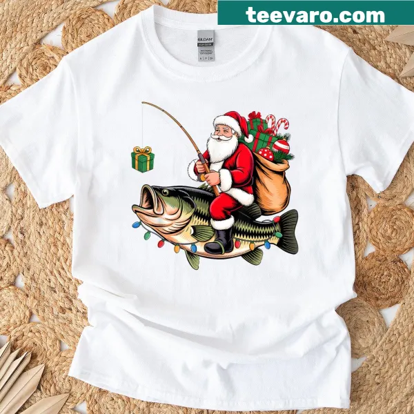 Funny Christmas T-shirt with Santa riding a bass fish for holiday cheer.