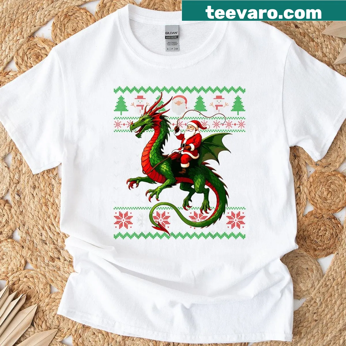 Cute kids t-shirt featuring Santa riding a dragon for Christmas — on a men's t-shirt