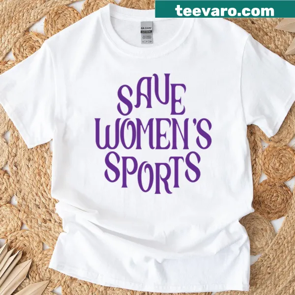 Bold 'Save Womens Sports By Dam' text on T-shirt
