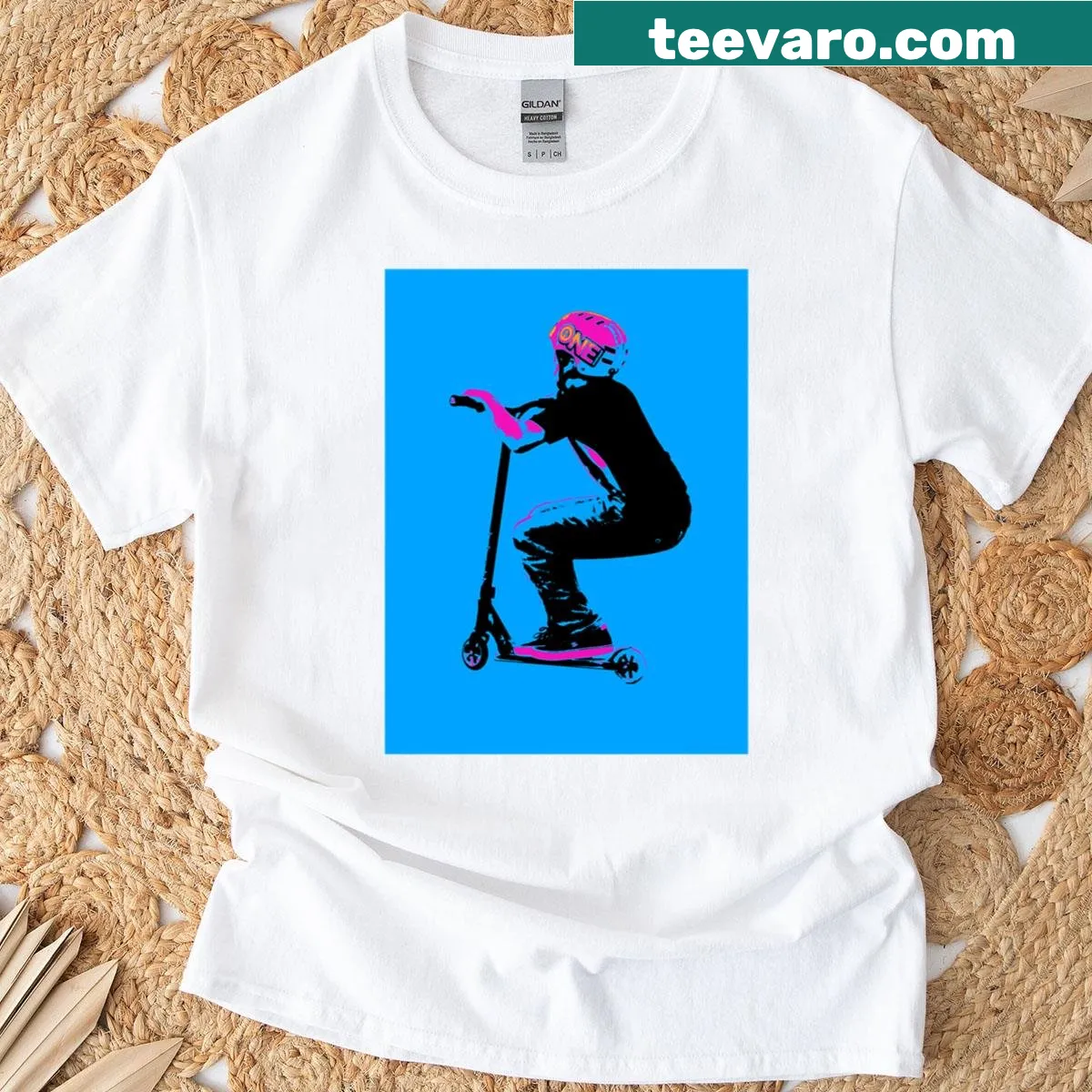 Playful illustration of a boy riding a scooter on a retro t-shirt — on a men's t-shirt